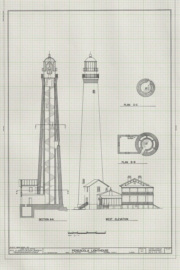 Pensacola Light Lighthouse Blueprint - Lighthouse Print, Maritime Poster, Beach House Decor, Lighthouse Poster, Pensacola Bay Lighthouse