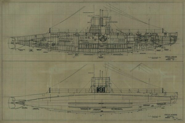 USS H-3 Submarine Blueprint - Nautical Poster, Ship Blueprint, Submarine Drawing, Battleship Blueprint, Old Sub Blueprint, Navy Blueprint