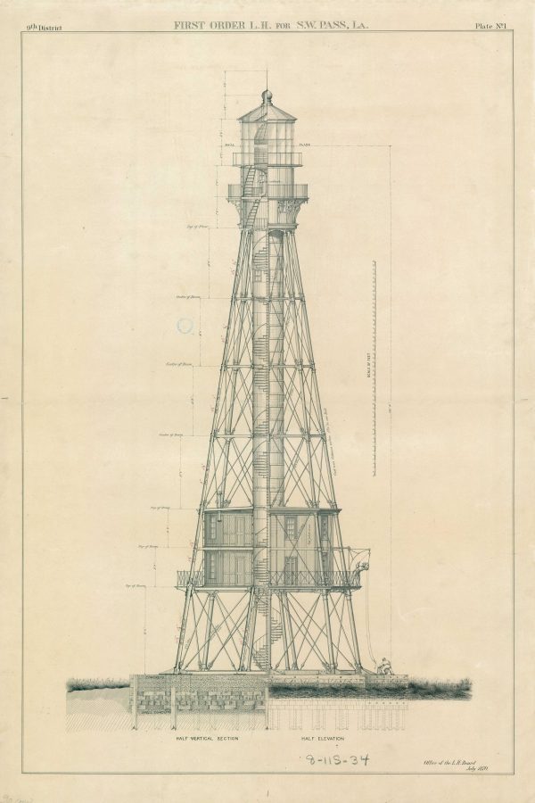 1871 Southwest Pass Lighthouse Blueprint - Louisiana Lighthouse, Lighthouse Print, Maritime Poster, Beach House Decor, Lighthouse Poster