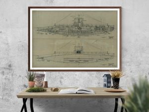 USS H-3 Submarine Blueprint - Nautical Poster, Ship Blueprint, Submarine Drawing, Battleship Blueprint, Old Sub Blueprint, Navy Blueprint