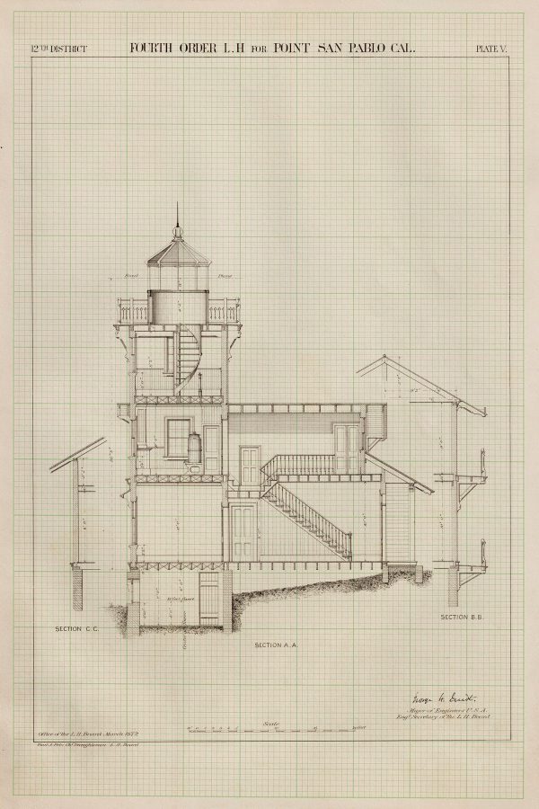 East Brother Island Lighthouse Section Drawing - Point San Pablo Lighthouse, California Lighthouse, Lighthouse Print, Beach House Décor