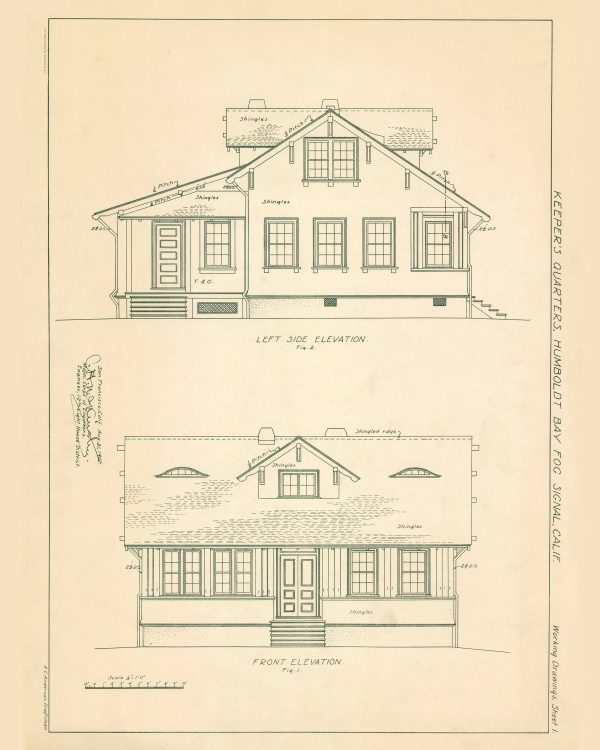 Humboldt Bay Fog Signal Keepers Dwelling Elevation Drawing - California Lighthouse Print Poster, Nautical Poster, Beach House Decor