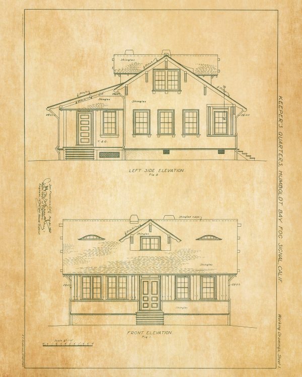 Humboldt Bay Fog Signal Keepers Dwelling Elevation Drawing - California Lighthouse Print Poster, Nautical Poster, Beach House Decor