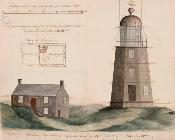 Tarpaulin Cove Light Lighthouse Elevation Drawing - Keeper Dwelling, Massachusetts Lighthouse Print, Maritime Poster, Beach House Decor,