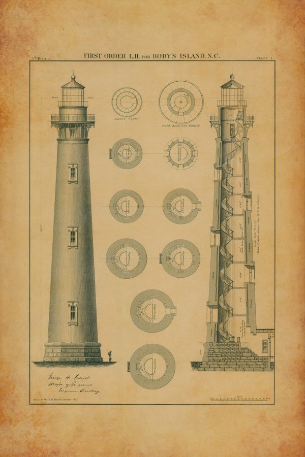 Bodie Island Lighthouse Plan Drawing - North Carolina Lighthouse, Pier Lighthouse, Lighthouse Print, Beach House Décor, Nautical Décor Print