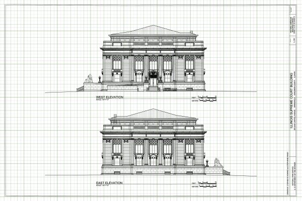 Illinois Supreme Court East & West Elevation Drawing - Supreme Court Blueprint, Springfield Illinois Court Drawing, Law Firm Blueprint Decor