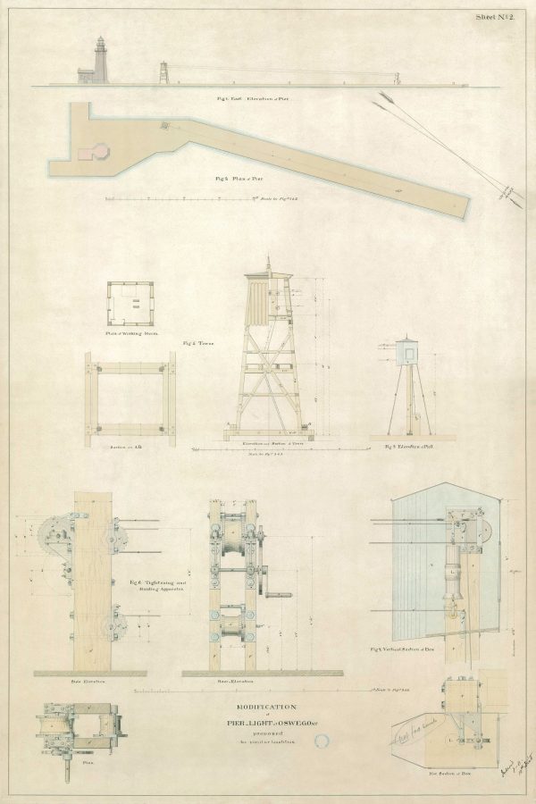 Oswego Harbor Pierhead Light Plan Drawing - New York Lighthouse, Pier Lighthouse, Lighthouse Print, Beach House Décor, Nautical Décor Print