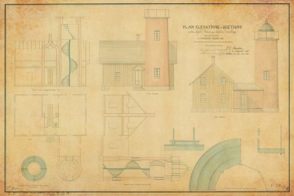 Franklin Island Lighthouse Blueprint - Maine Lighthouse, Lighthouse Print, Maritime Poster, Beach House Décor, Nautical Poster Print,
