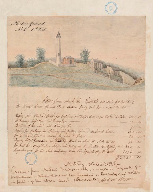 Nash Island Lighthouse Sketch and Construction Estimate - Maine Lighthouse, Lighthouse Print, Maritime Poster, Beach House Décor, Nautical