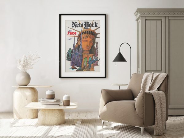 Airline New York Travel Poster - 1960s TWA, Retro New York Art, Mid-Century Modern Decor, Aviation History Gift, Statue of Liberty Art