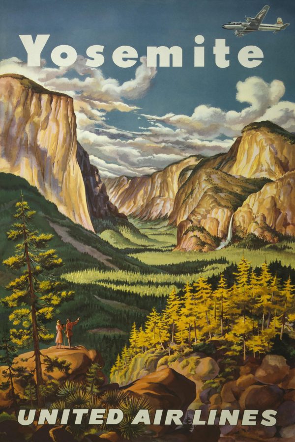 Yosemite Vintage Travel Poster - United Air Lines, 1950s National Park Art, United States, Yosemite Valley, Vintage Nature Decor