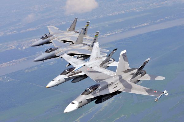 F/A-18 Hornets and F-15 Strike Eagles in Echelon Formation - U.S. Navy and Air National Guard Military Plane Art, Aviation Enthusiast Gift