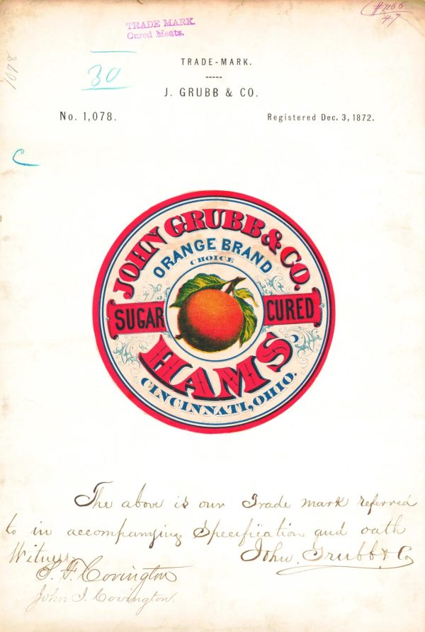 John Grubb & Co Orange Brand Hams Trademark 1872 - Vintage Meat Label, Retro Cured Meat Art, Cincinnati Culinary Heritage, Collector’s Print