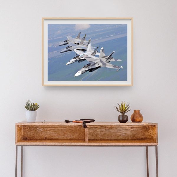 F/A-18 Hornets and F-15 Strike Eagles in Echelon Formation - U.S. Navy and Air National Guard Military Plane Art, Aviation Enthusiast Gift