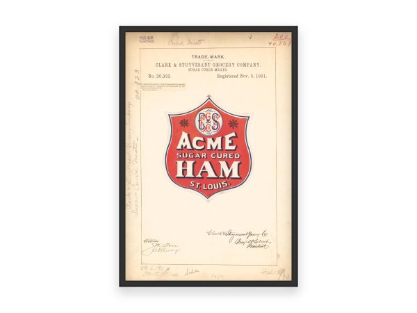 Acme Sugar Cured Ham Trademark 1891 Poster - Vintage Meat Branding, Classic St. Louis Food Label Art, Culinary Collectible Print