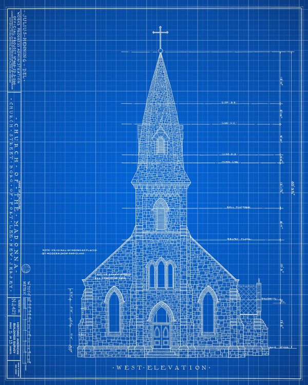 Church of the Madonna Blueprint Drawing - Fort Lee New Jersey Church Blueprint, Church Drawing, Home Decor, Wall Decor, Blueprint Décor