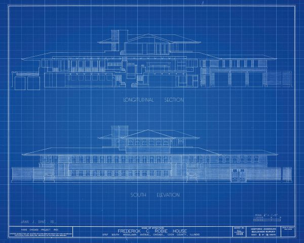 Frederick C. Robie House Drawing - Frank Lloyd Wright House Design Poster, House Blueprint, Home Décor, Chicago Historic Building