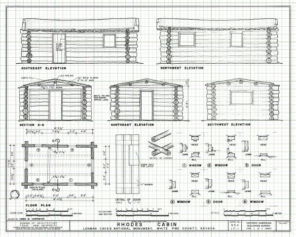 Rhodes Cabin Blueprint Drawing - Cabin Poster, Log Cabin Drawing, Cabin Decor, Great Basin National Park Cabin, Lehman Caves Monument