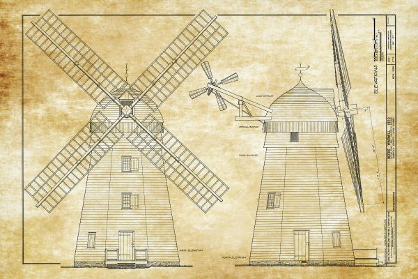 Beebee Windmill Elevation Drawing - 1820 Windmill Poster, Windmill Blueprint, Cabin Decor, New York Windmill, Historic Building